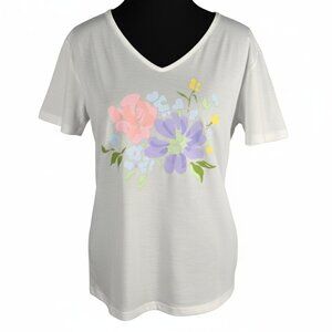 NWOT | White V-Neck Pastel Floral Graphic Print Short Sleeve T-Shirt Small